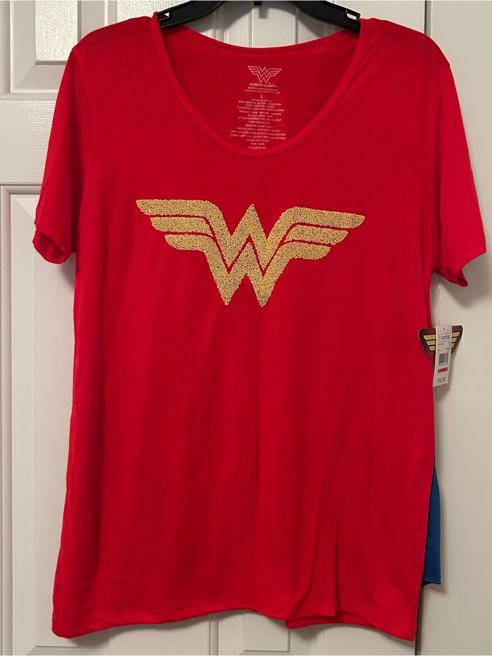 Wonder Woman Superhero Costume Shirt Top w/ Cape Red Blue Gold Juniors L 11/13